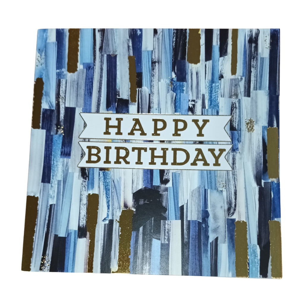 Card Happy Birthday Striped Blue & Gold 