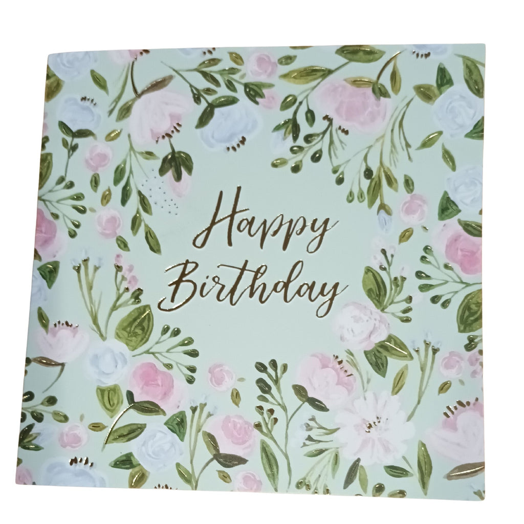 Card Happy Birthday Flowers Pink & Blue On Green