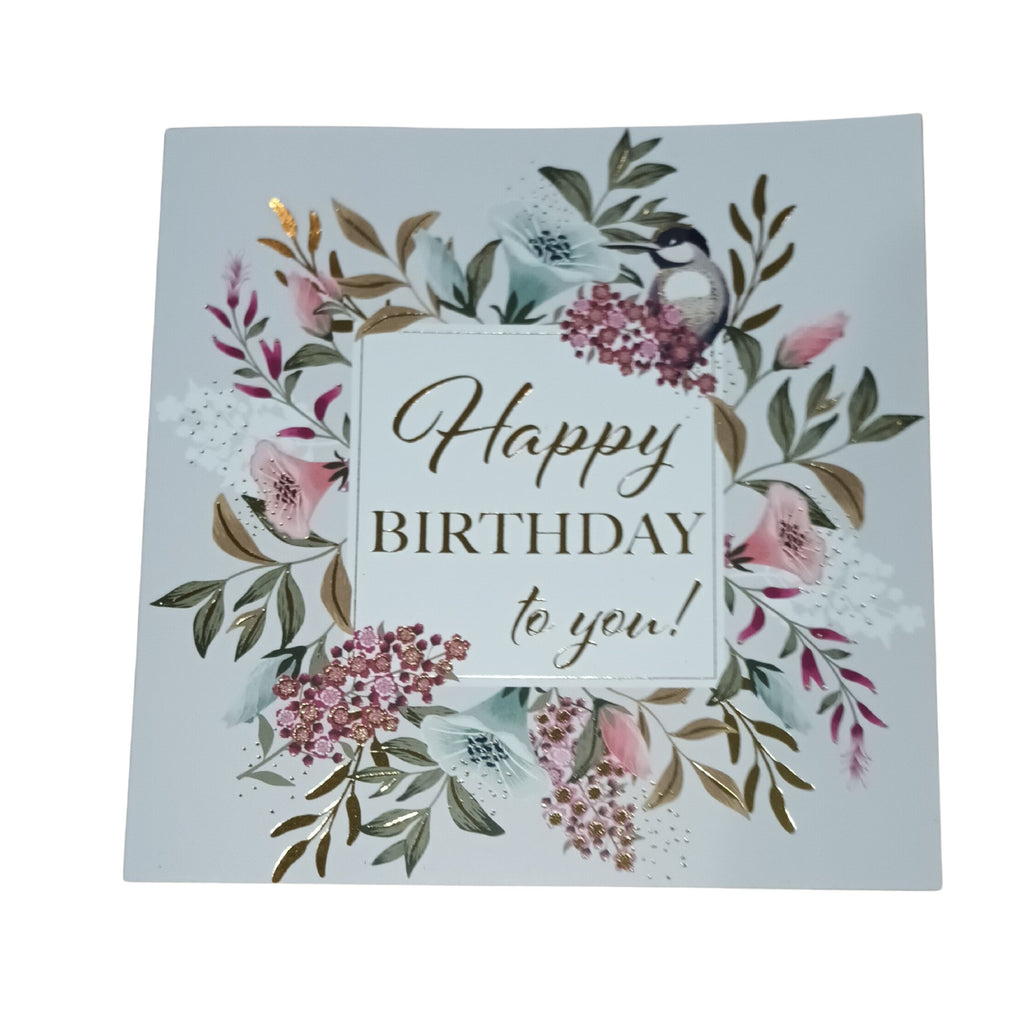 Card Happy Birthday To You! Bird & Flowers On Grey