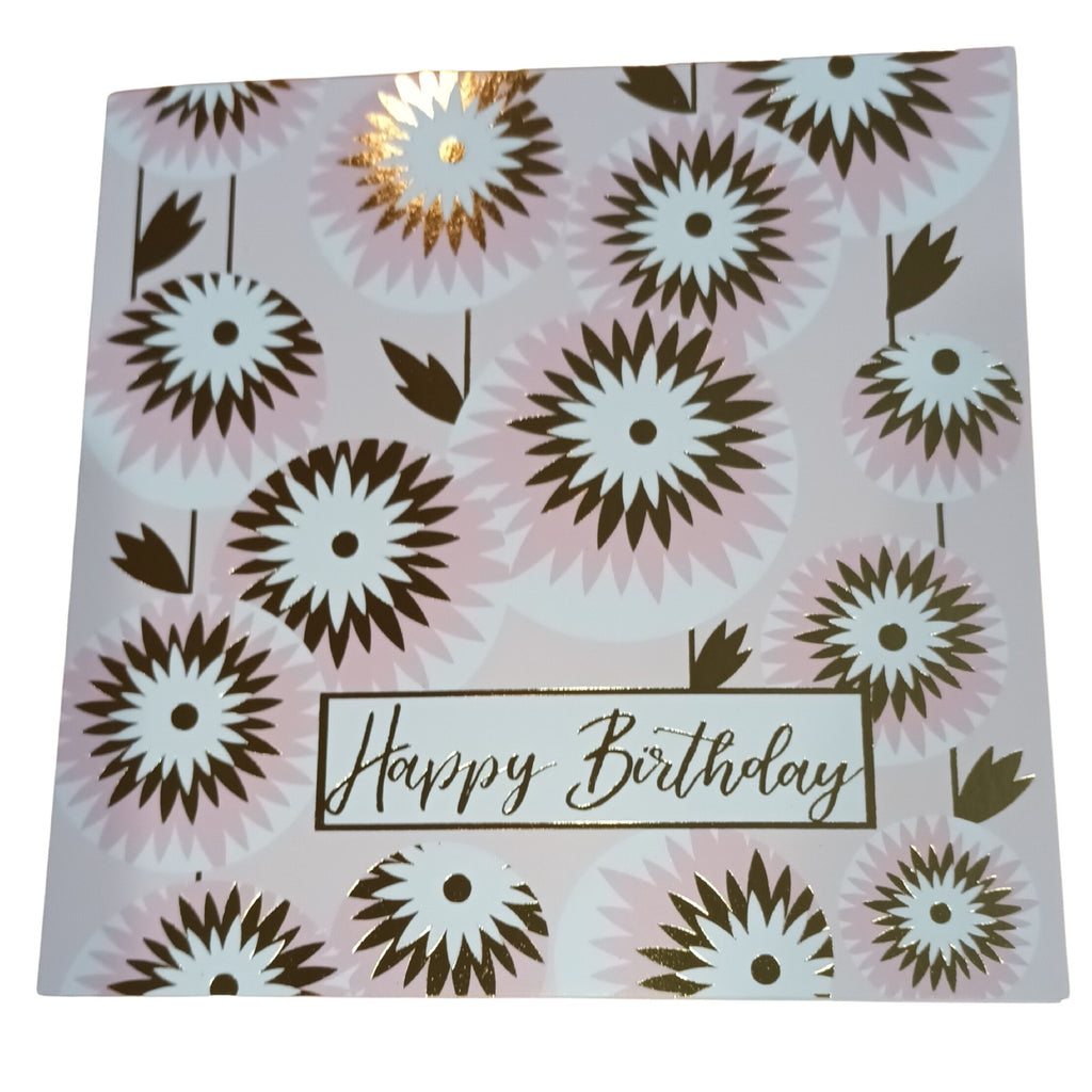 Card Happy Birthday Flowers Pink/gold/white 